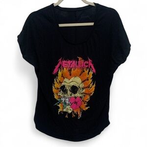 Metallica Flame Skull Graphic Dolma Sleeves Tee Shirt
